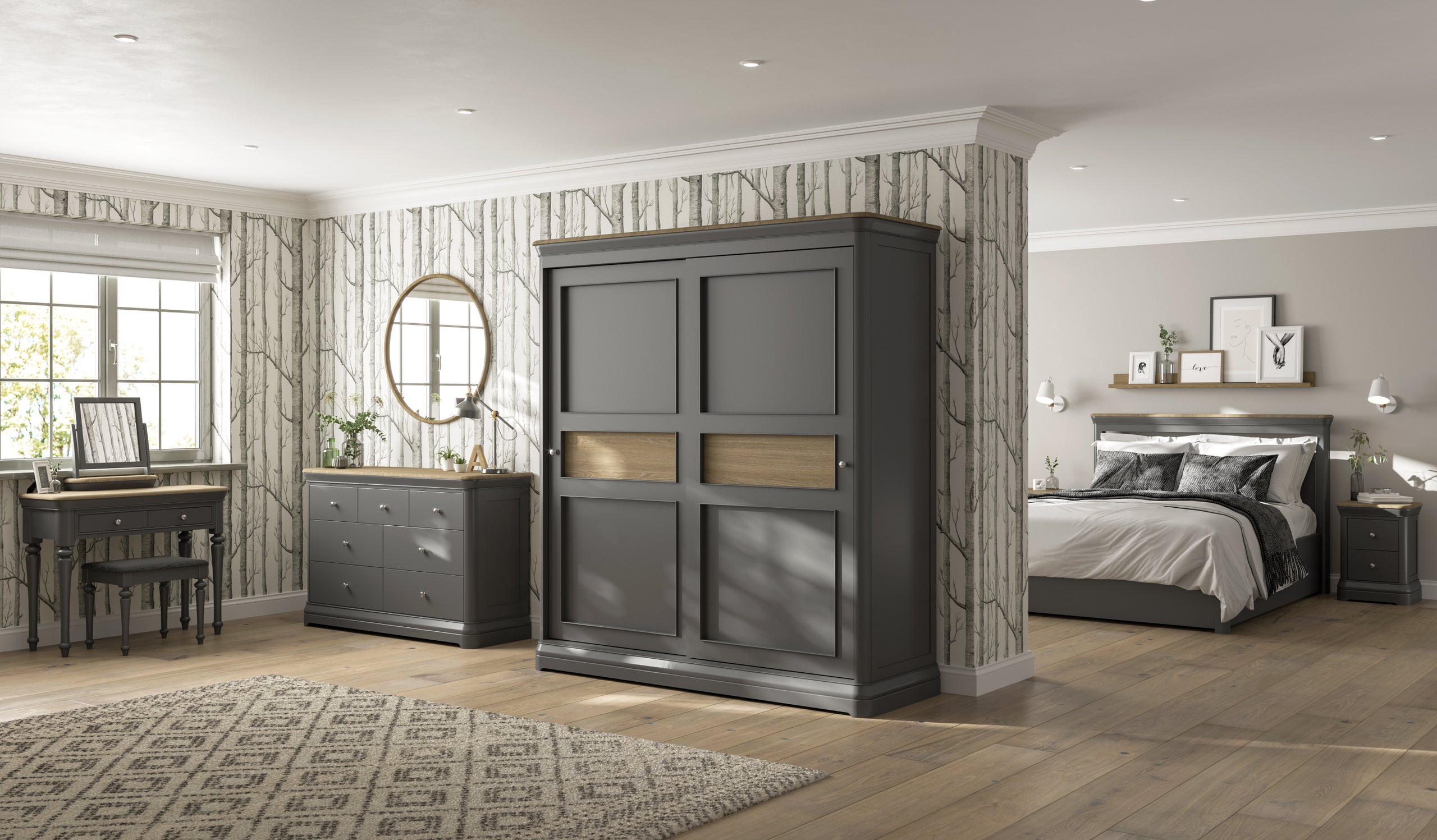 Pebble Slate Grey Painted / Oak - 2 Drawer Bedside Cabinet